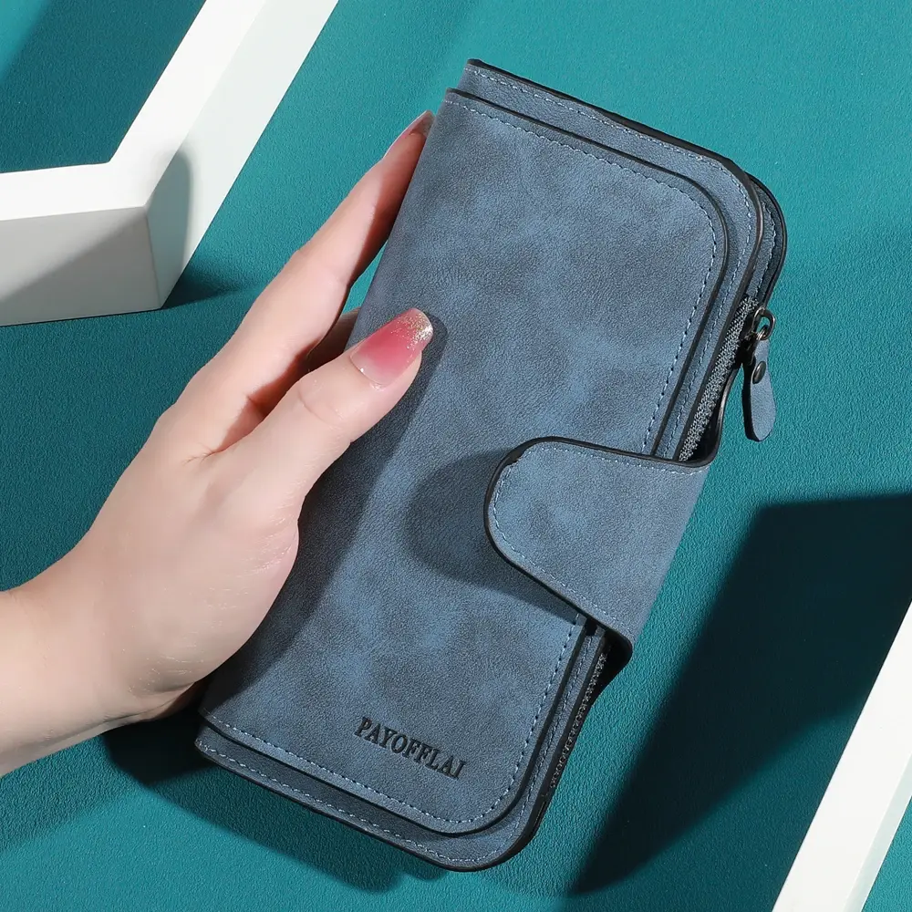 Ladies' long wallet and mobile phone - large capacity three fold design, with multiple card slots and zippered coin pockets
