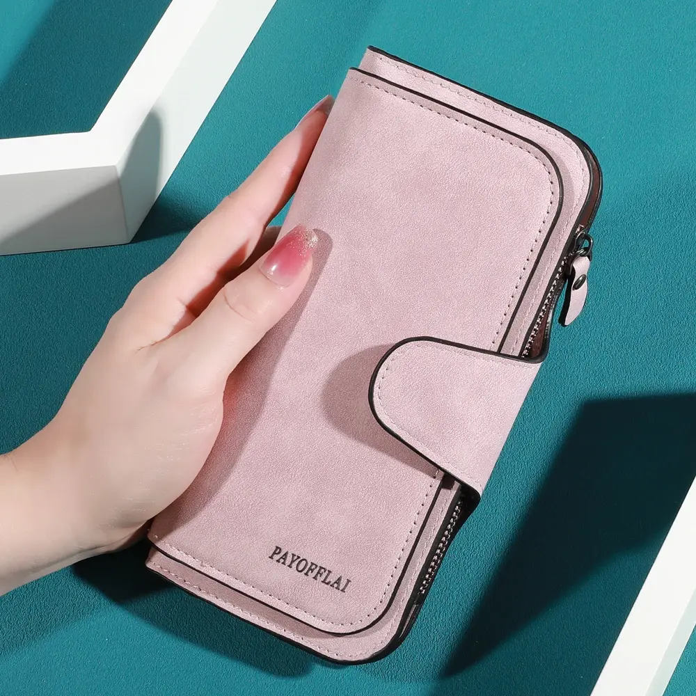 Ladies' long wallet and mobile phone - large capacity three fold design, with multiple card slots and zippered coin pockets