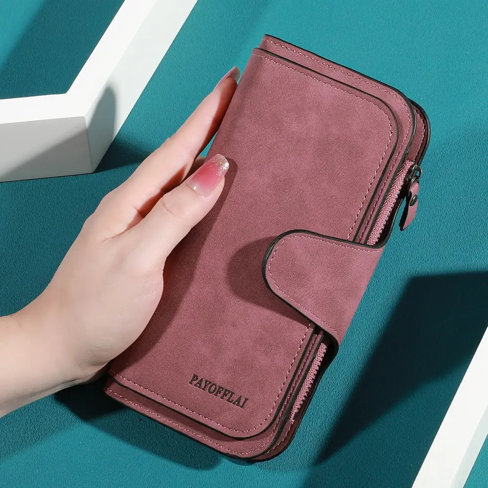Ladies' long wallet and mobile phone - large capacity three fold design, with multiple card slots and zippered coin pockets
