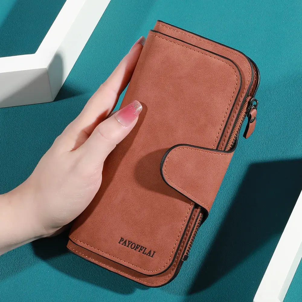 Ladies' long wallet and mobile phone - large capacity three fold design, with multiple card slots and zippered coin pockets