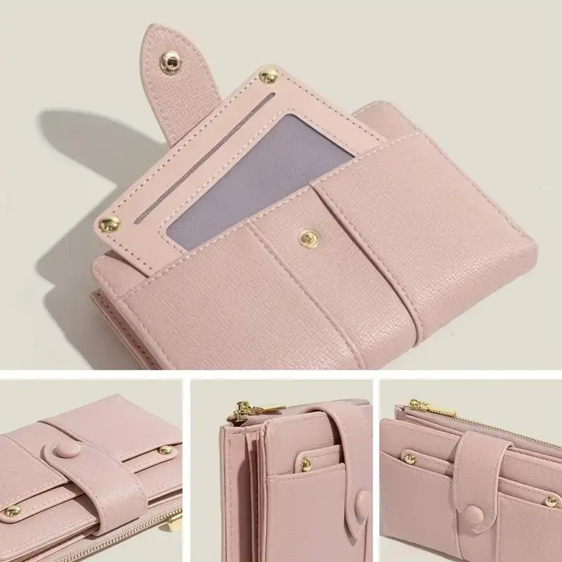 Women's Premium Leather Bifold Wallet PU Leather Zipper Money Bag Short Wallet Coin Purse Card Holder Fashion Simple Lady Wallet