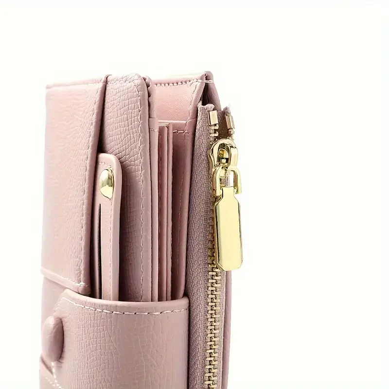 Women's Premium Leather Bifold Wallet PU Leather Zipper Money Bag Short Wallet Coin Purse Card Holder Fashion Simple Lady Wallet