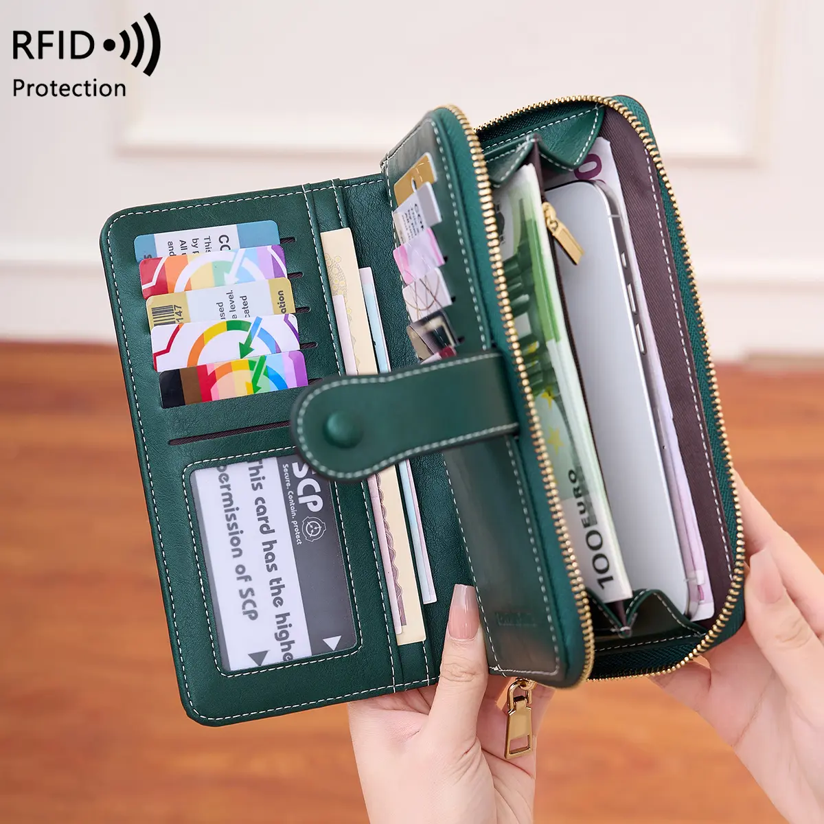 Vintage Large Capacity Women's Wallet RFID Anti-Theft Brushed Fabric Simple Fashion Multi-Card Long Handbag