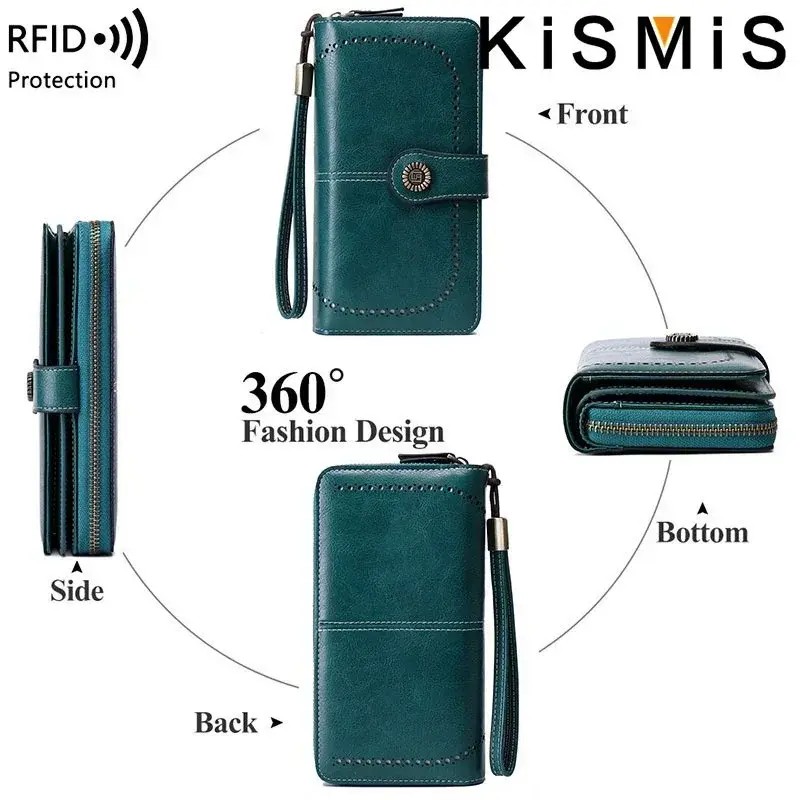 Vintage Women's Long Leather Purse Retro Natural Skin Zipper Coin Bag Card Holder Big Capacity Wallet for Girls