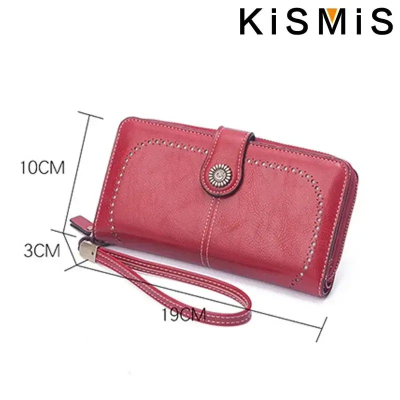 Vintage Women's Long Leather Purse Retro Natural Skin Zipper Coin Bag Card Holder Big Capacity Wallet for Girls