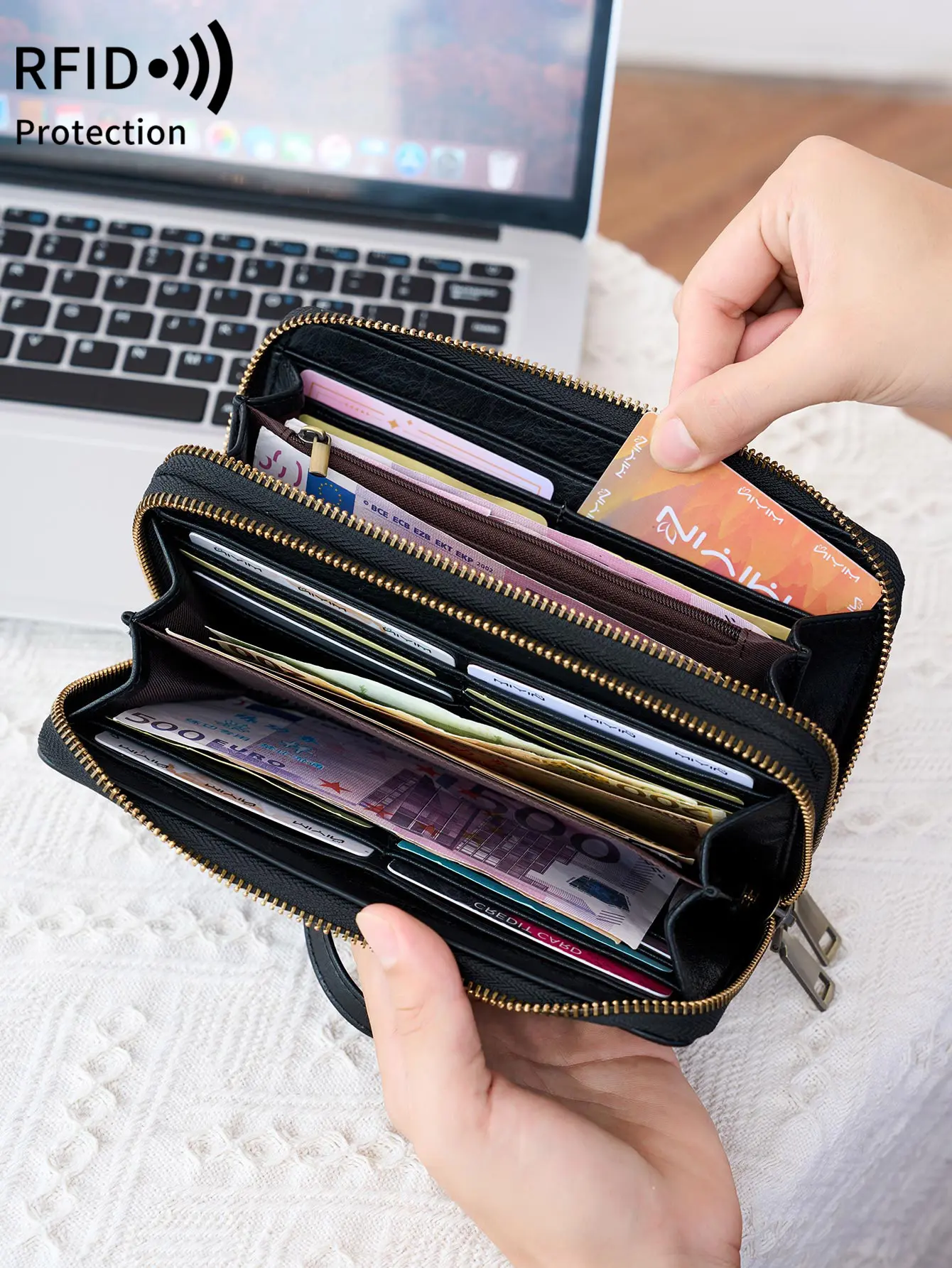 NEW RFID Blocking Zipper Wallet Vintage Double-Layer Large Capacity women's long wallet MultiCard Slots Design Clutch bag