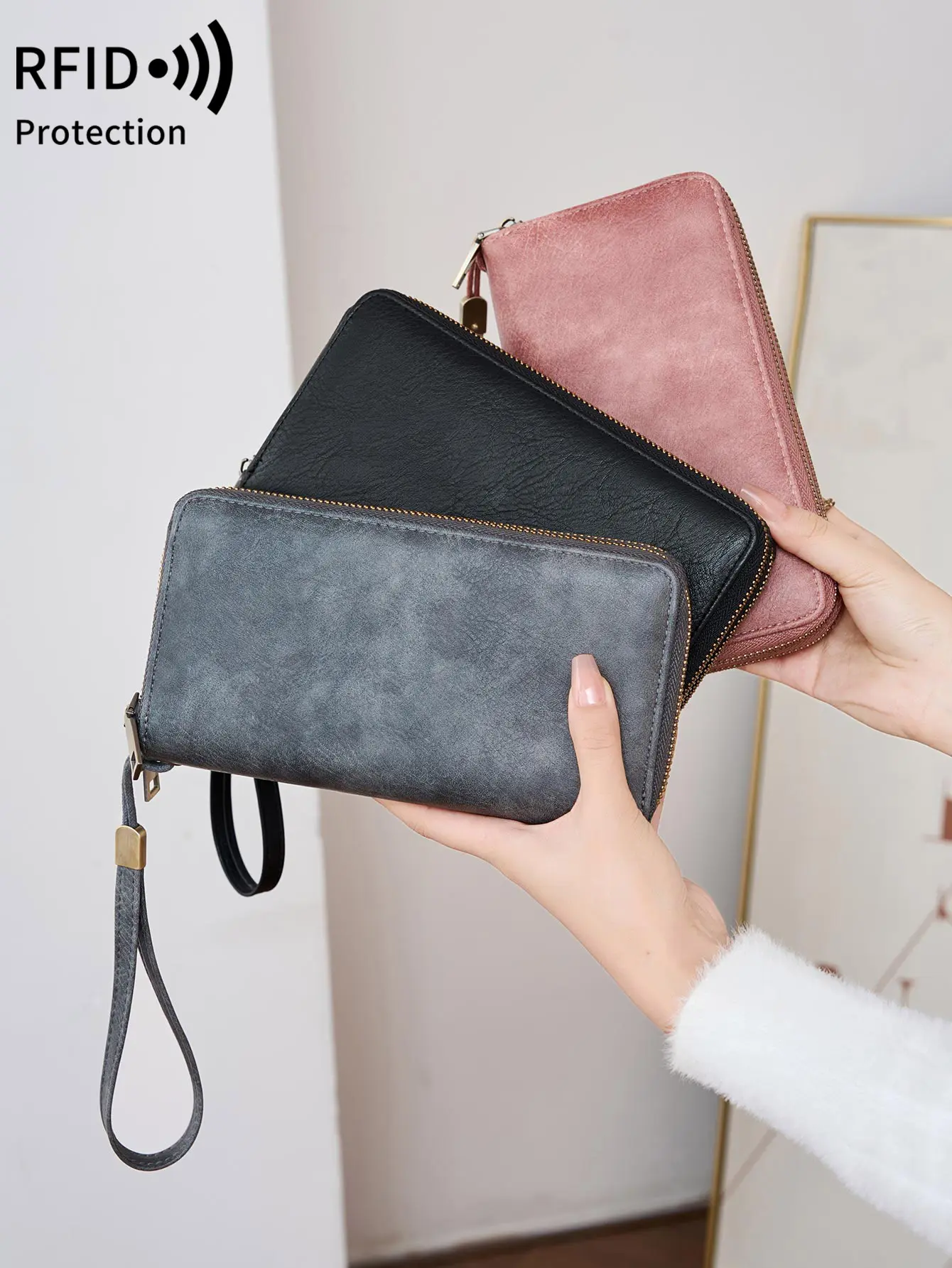 NEW RFID Blocking Zipper Wallet Vintage Double-Layer Large Capacity women's long wallet MultiCard Slots Design Clutch bag