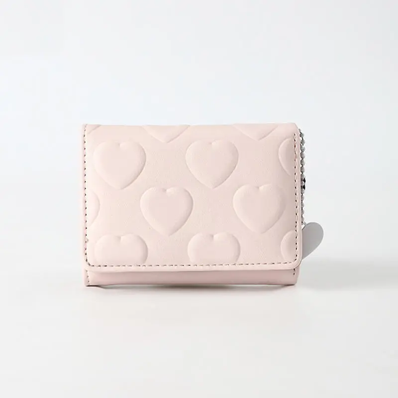 Cartoon Small Wallet Cute Korean Short Wallet Women's Solid Color With Heart Pattern Simple Multi Card Bag Zero Wallet