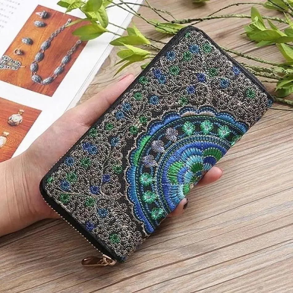 New Ladies Retro Embroidered Wallet Ethnic Style Hand Carry Single Pull Fabric Bag Clutch Double Sided Embroidery Women's Wallet