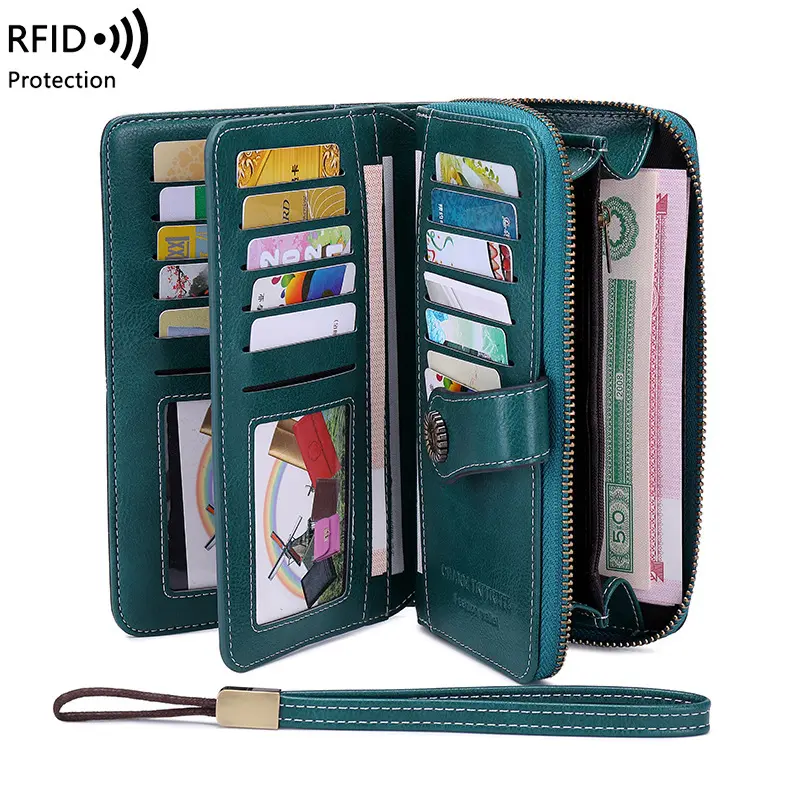Long - style zipper ladies' leather wallets, European and American new - style large - capacity clutch bags for wallets