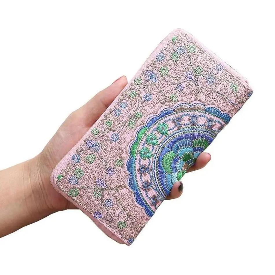 New Ladies Retro Embroidered Wallet Ethnic Style Hand Carry Single Pull Fabric Bag Clutch Double Sided Embroidery Women's Wallet