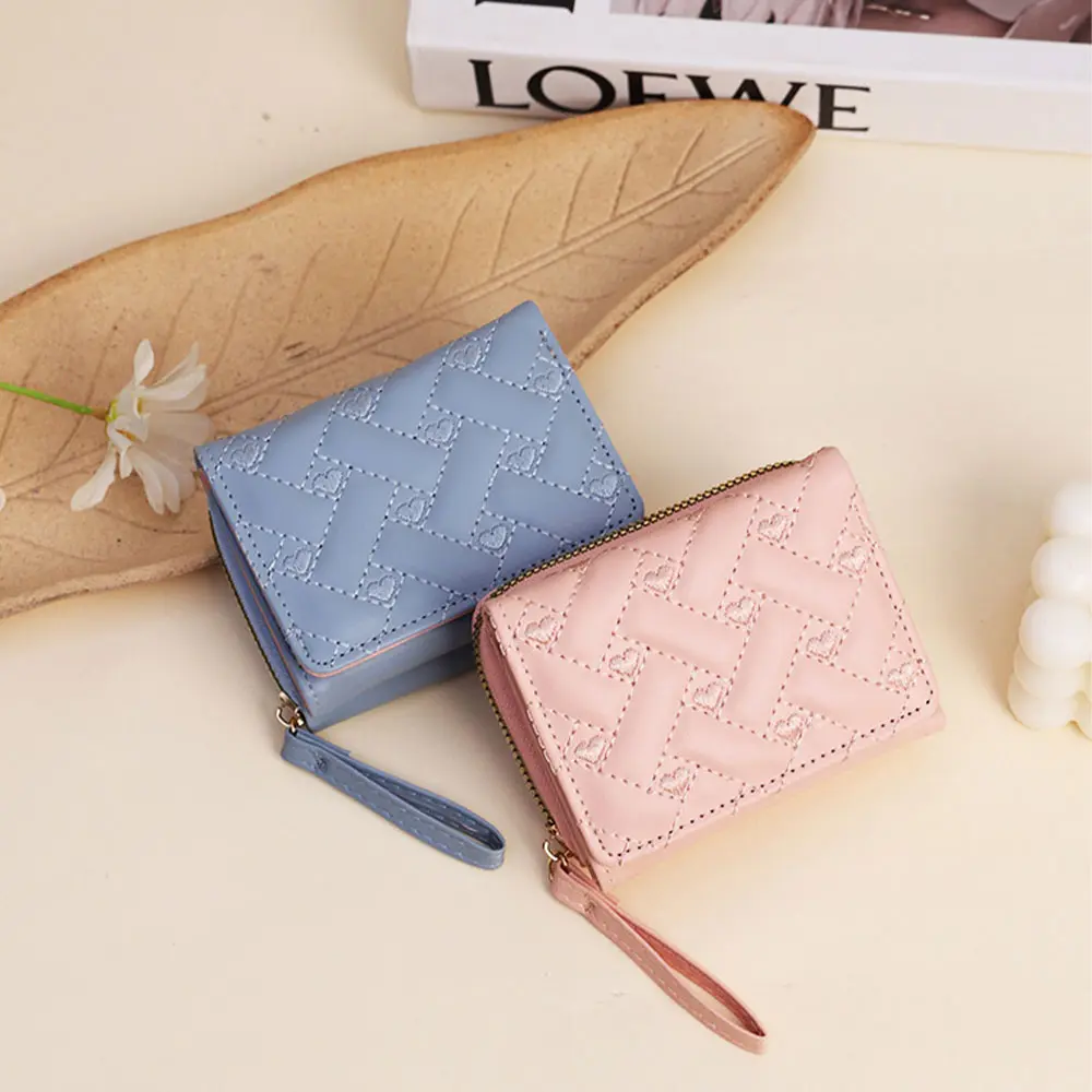 1Pc Fashion Embroidered Heart-Shaped Short Wallet, Heart Pattern Stitch Detail Coin Purse, Daily PU Leather Zipper Small Wallet