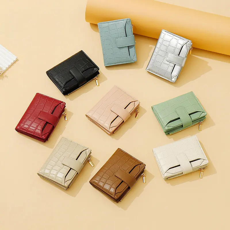 New Women's Stone Cropped Wallet Simple Two-fold Foldable Zipper Multi-card Slot Leather Wallet