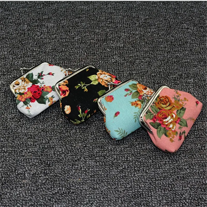Women's Coin Purse Key Card Pocket Large Flower Pattern Buckle Retro Ladies Student Mini Purse Handbag Small Card Holder
