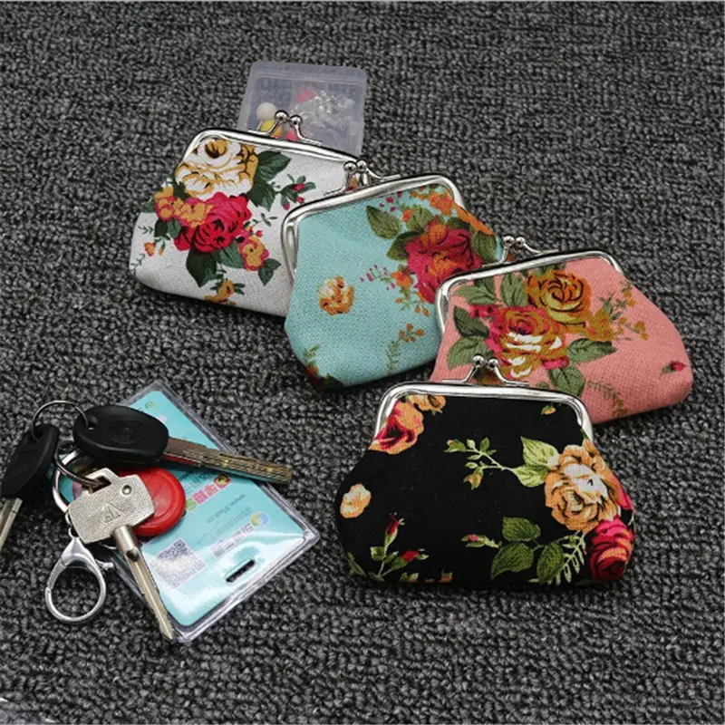 Women's Coin Purse Key Card Pocket Large Flower Pattern Buckle Retro Ladies Student Mini Purse Handbag Small Card Holder