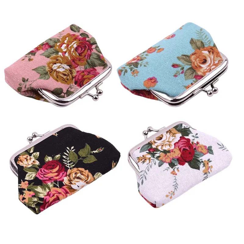 Women's Coin Purse Key Card Pocket Large Flower Pattern Buckle Retro Ladies Student Mini Purse Handbag Small Card Holder