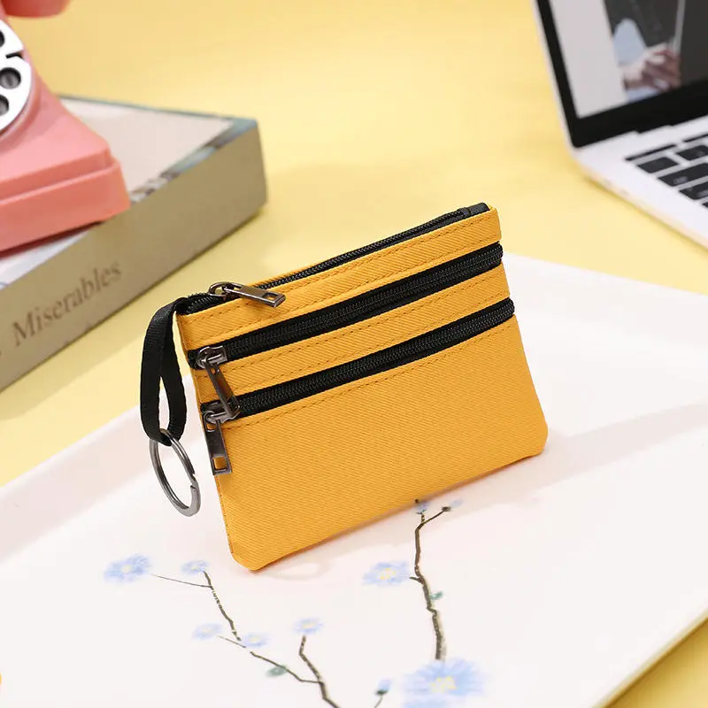 Fashion Zipper Wallet For Women 3-layer Canvas Mini Purse Coin Bag Solid Color Storage Pouch Money Pocket Girls Coin Key Bags