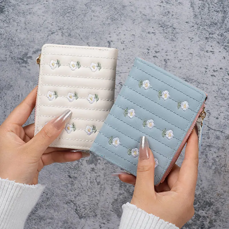 Cartoon Embroidered Daisy Wallet For Women Ladies Pu Leather Coin Purse Solid Color Flower Card Holders Mini Money Bag New