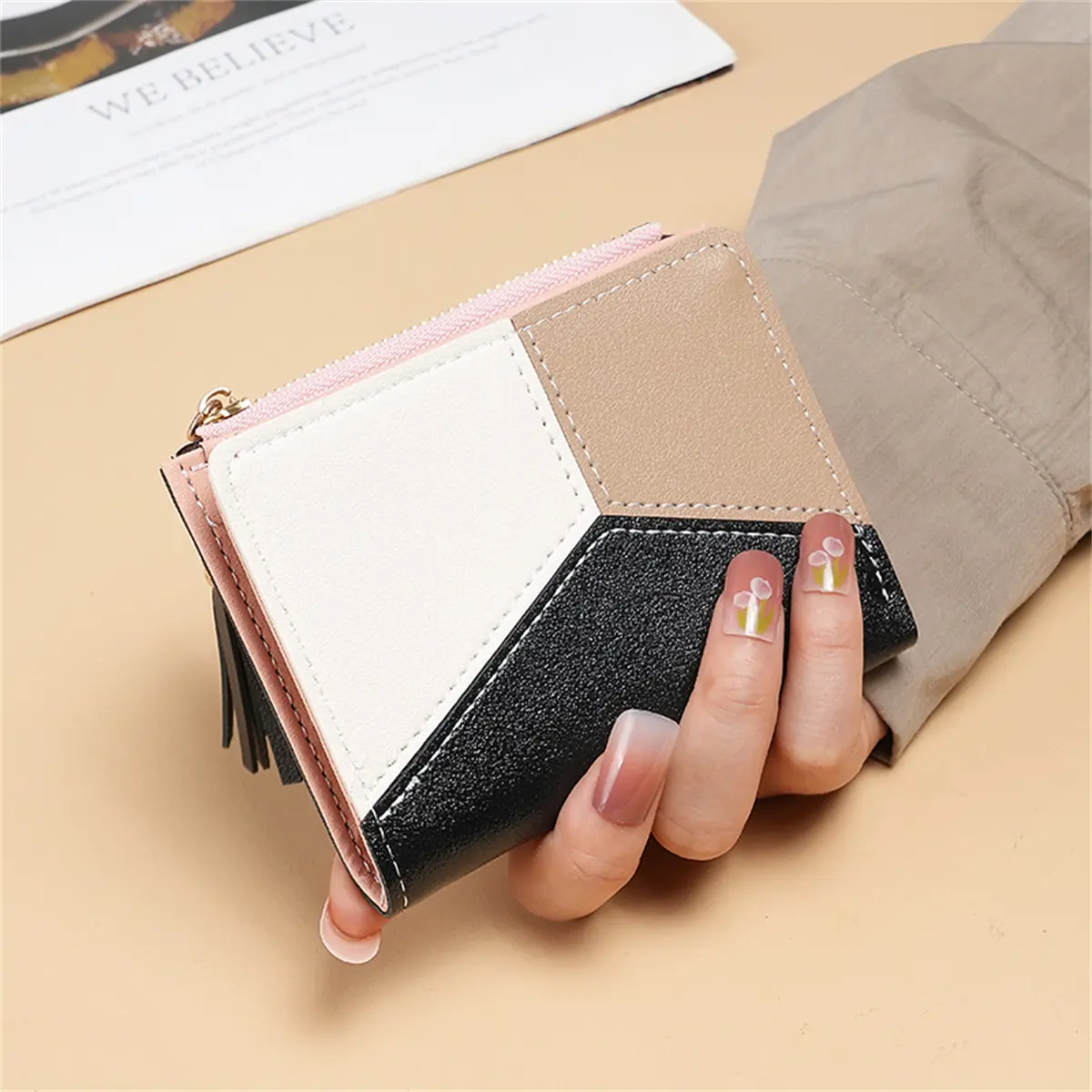 Purse Female Short New Korean Version Of The Collage Color Tassel Ultra-thin Two-fold Wallet Card Bag Fresh Female Change Purse