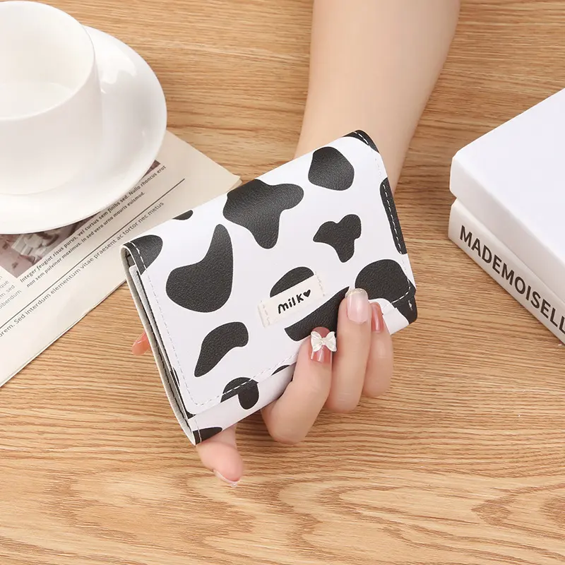 Fashion Short Wallet For Women Japan Korea Style Female Mini Cute Cow Pattern Trifold Credit Card Purse Girls Card Holder Wallet