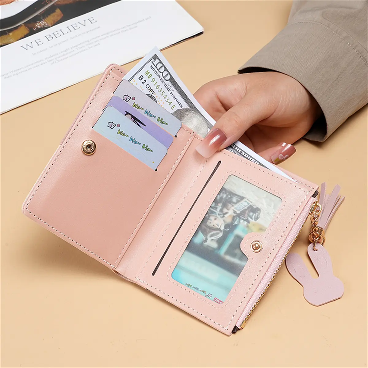 Purse Female Short New Korean Version Of The Collage Color Tassel Ultra-thin Two-fold Wallet Card Bag Fresh Female Change Purse
