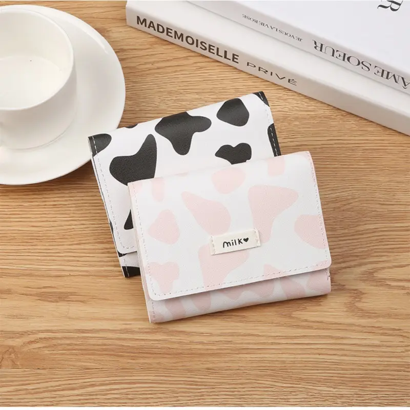 Fashion Short Wallet For Women Japan Korea Style Female Mini Cute Cow Pattern Trifold Credit Card Purse Girls Card Holder Wallet