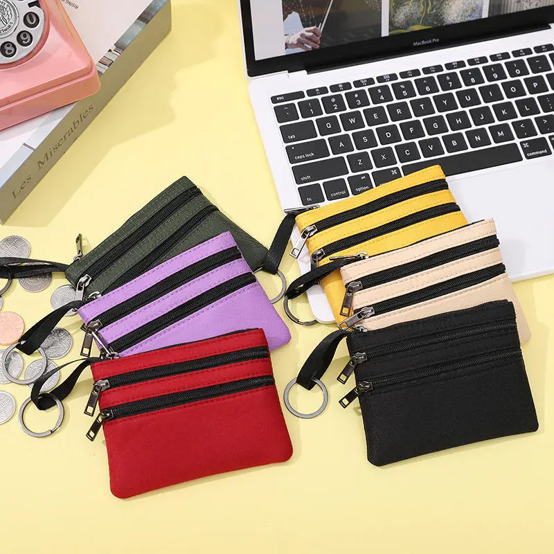 Fashion Zipper Wallet For Women 3-layer Canvas Mini Purse Coin Bag Solid Color Storage Pouch Money Pocket Girls Coin Key Bags