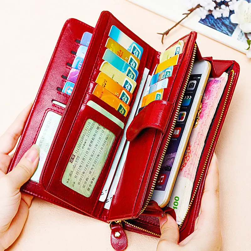 RFID Genuine Leather Wallet Women Long Ladies Card Holder Purse Large Capacity Female Wallets Big Cowhide Phone Bag
