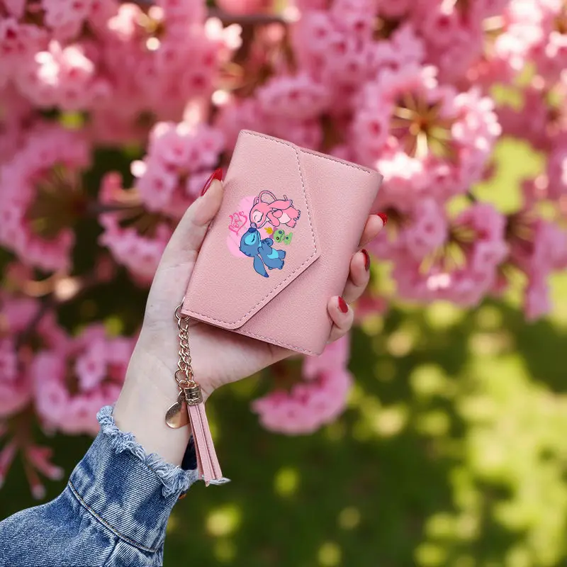 Stitch Short Wallet with Golden Heart Charm & Tassel, Cute Cartoon Pattern Zip Pocket for Women, 4 Colors