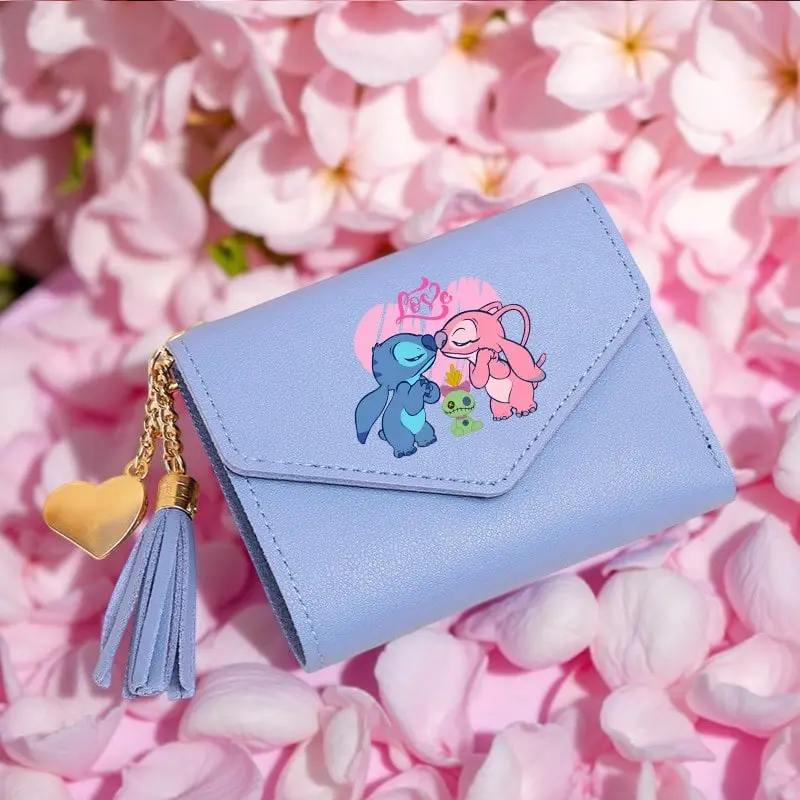 Stitch Short Wallet with Golden Heart Charm & Tassel, Cute Cartoon Pattern Zip Pocket for Women, Compact in Size, Gifts