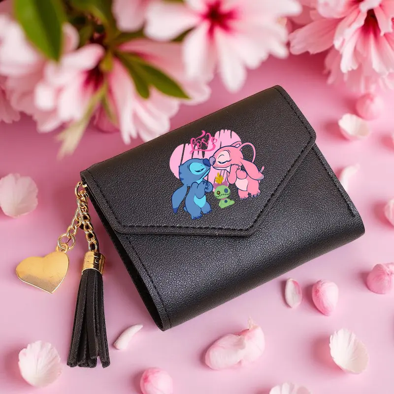 Stitch Short Wallet with Golden Heart Charm & Tassel, Cute Cartoon Pattern Zip Pocket for Women, 4 Colors