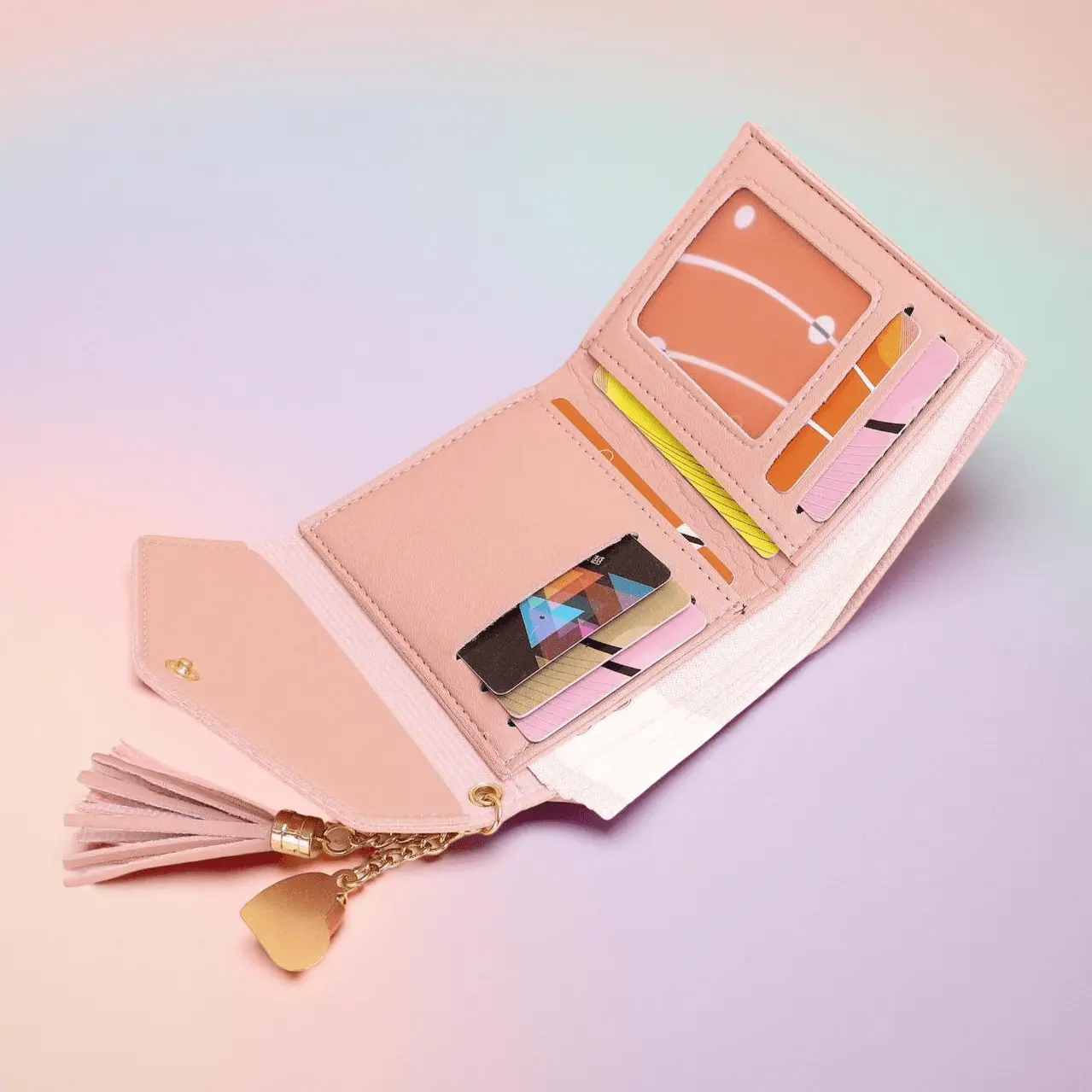 Stitch Short Wallet with Golden Heart Charm & Tassel, Cute Cartoon Pattern Zip Pocket for Women, Compact in Size, Gifts