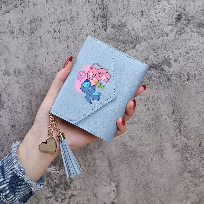 Stitch Short Wallet with Golden Heart Charm & Tassel, Cute Cartoon Pattern Zip Pocket for Women, 4 Colors