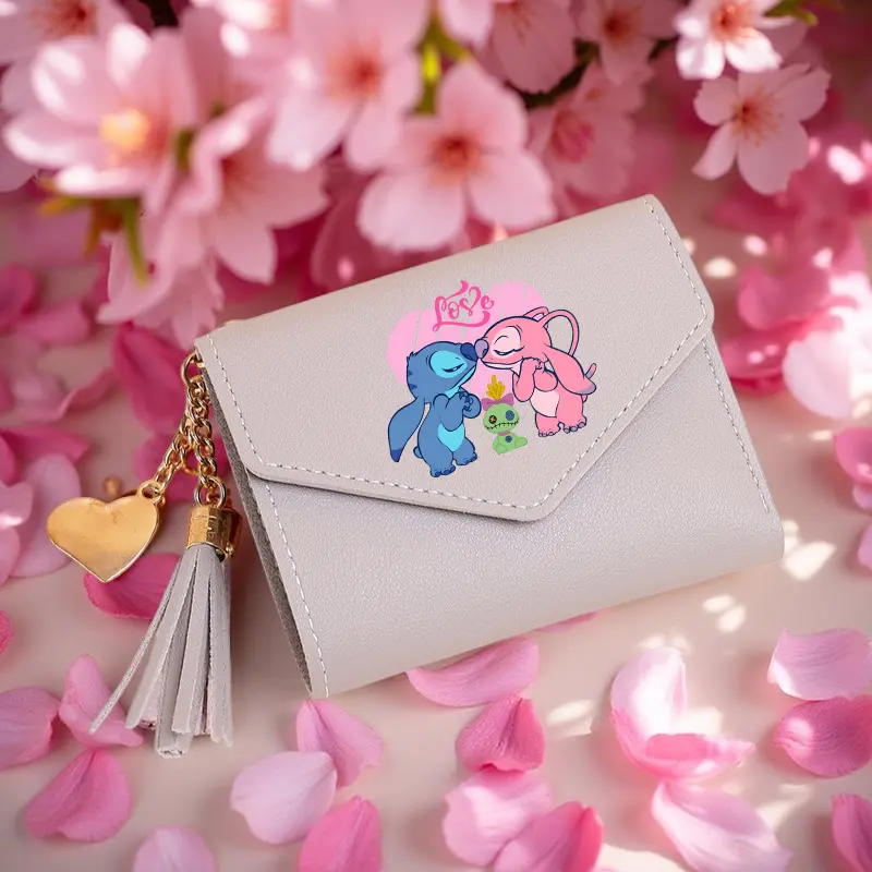 Stitch Short Wallet with Golden Heart Charm & Tassel, Cute Cartoon Pattern Zip Pocket for Women, 4 Colors