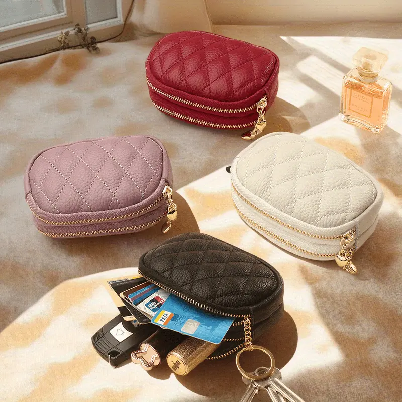 New PU leather rhombus small wallet mini coin change bag double zipper storage change bag