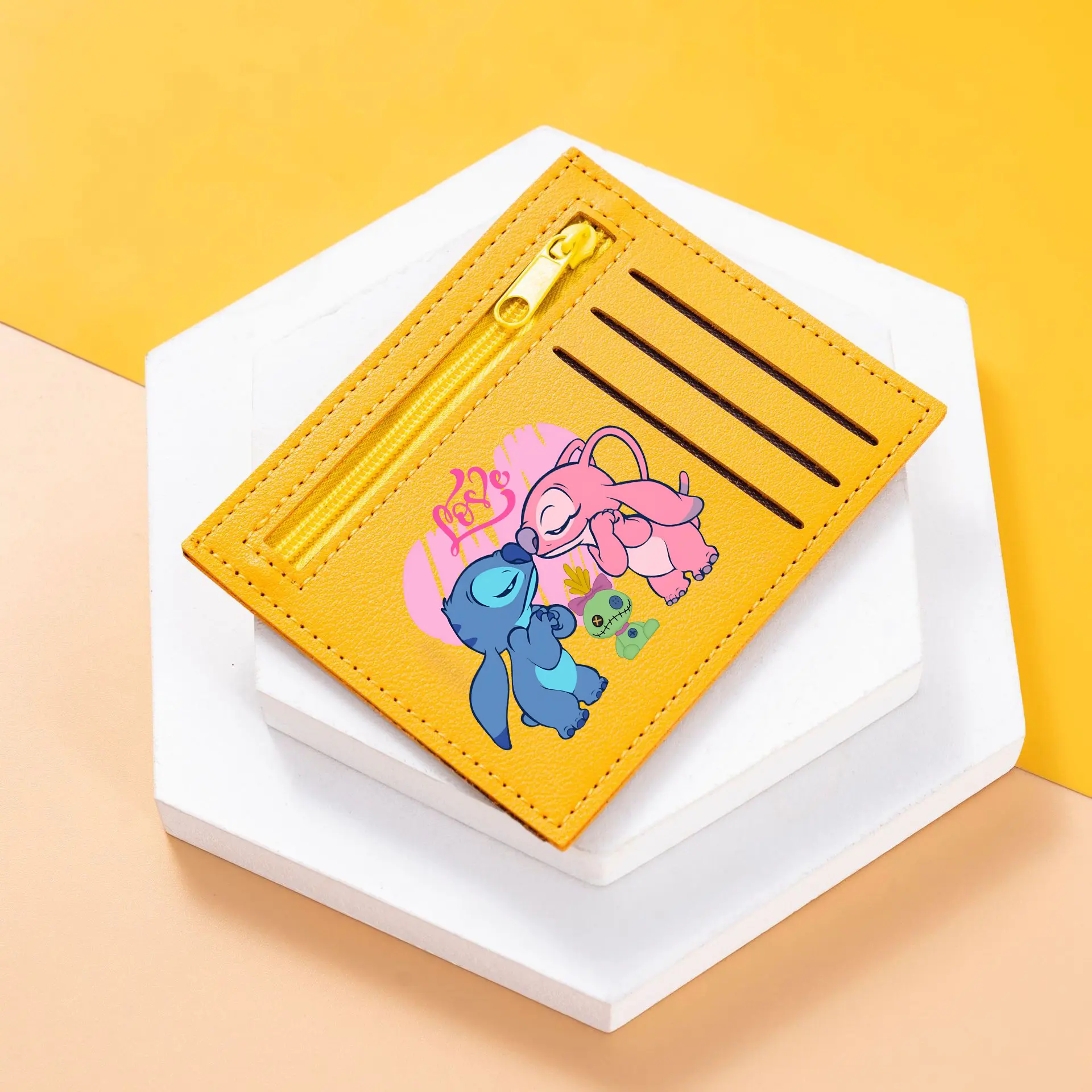Stitch RFID Blocking Card Holder - Cute Cartoon Zip Wallet with 4 Card Slots Love Print Coin Purse for Women (Blue/Yellow/Green)