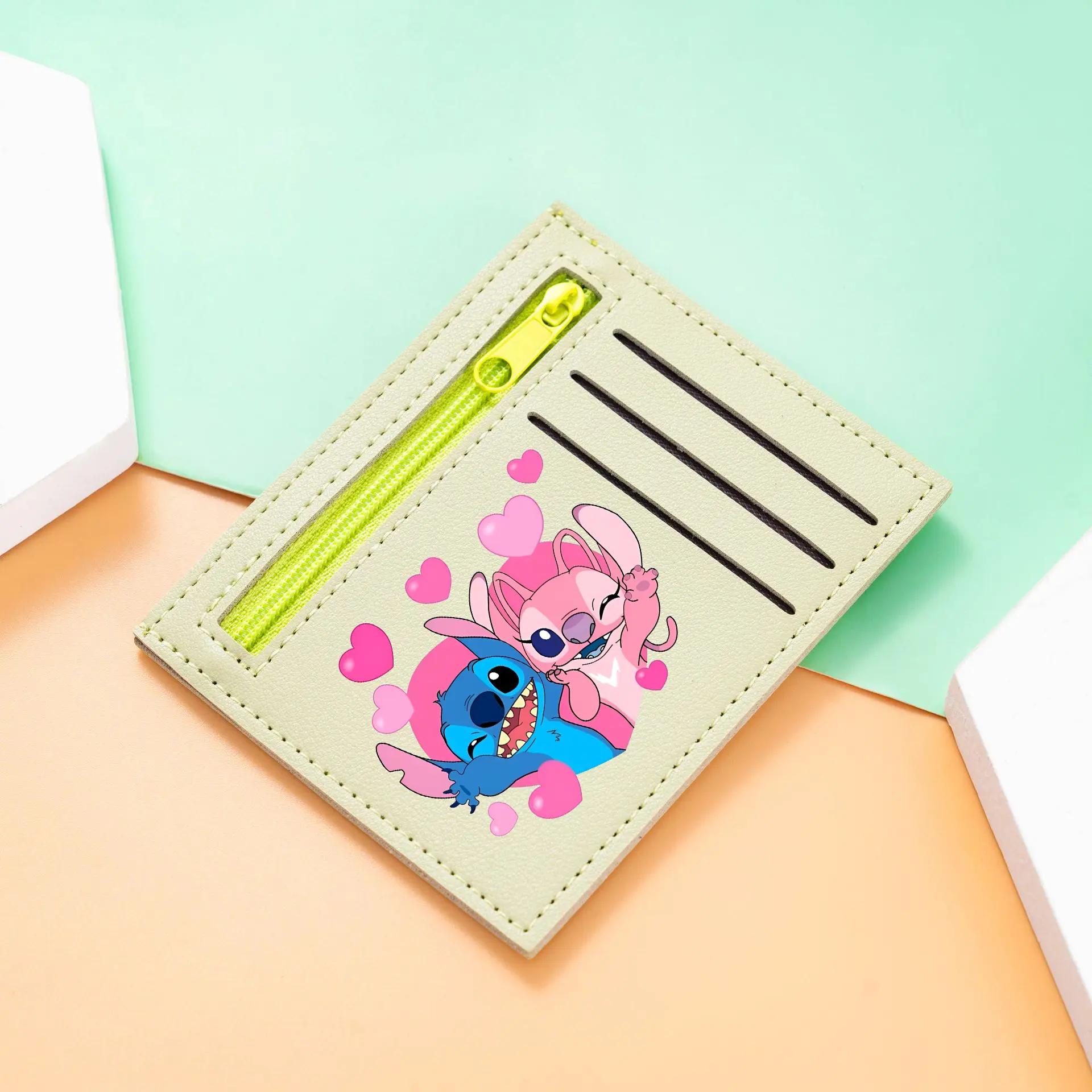 Stitch RFID Blocking Card Holder - Cute Cartoon Zip Wallet with 4 Card Slots Love Print Coin Purse for Women (Blue/Yellow/Green)