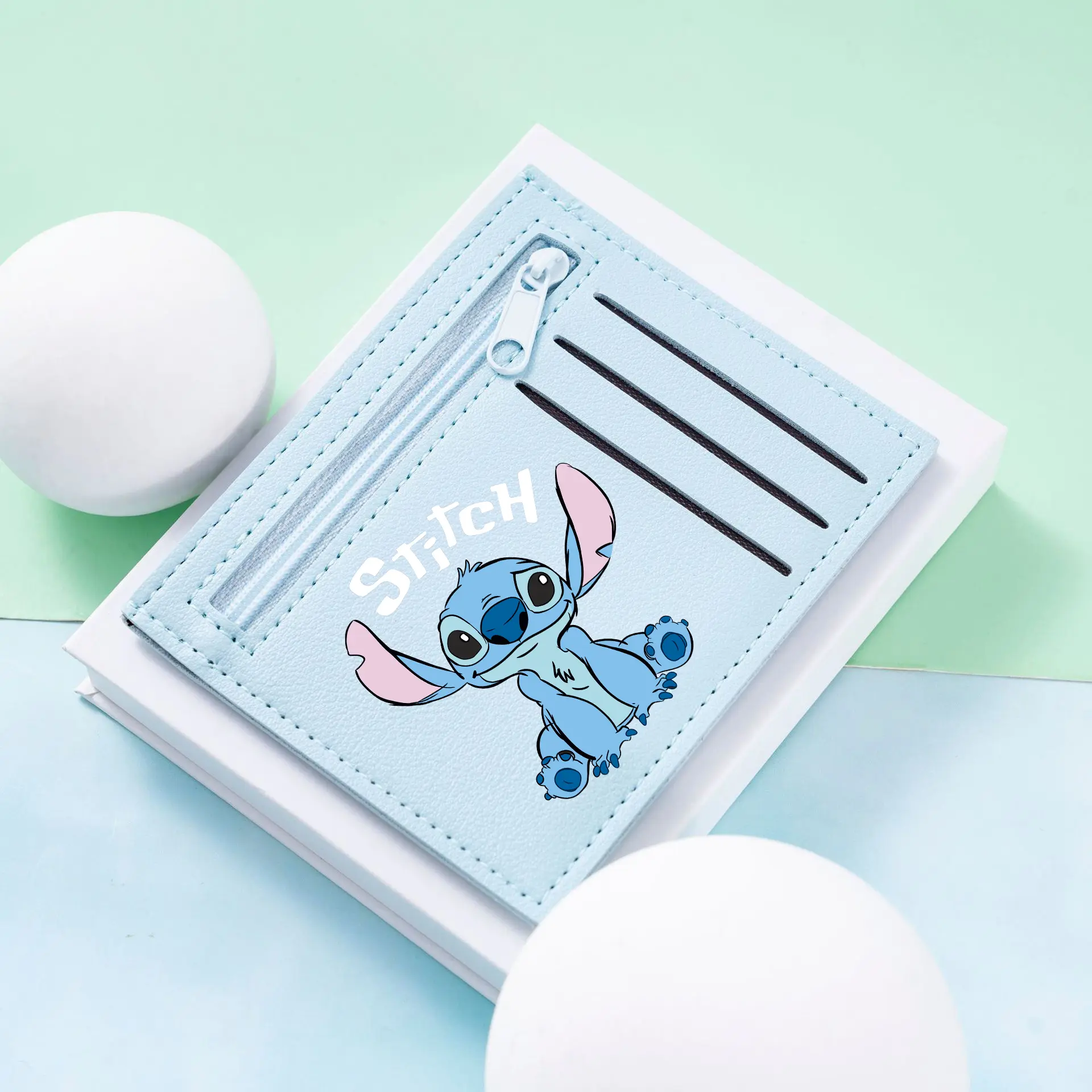 Stitch RFID Blocking Card Holder - Cute Cartoon Zip Wallet with 4 Card Slots Love Print Coin Purse for Women (Blue/Yellow/Green)