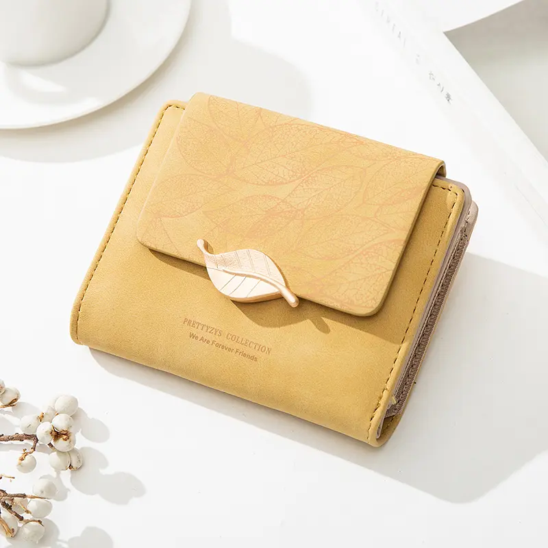 Purse women's short 2023 new niche design simple retro frosted leaf women's purse fashion coin purse zipper folding student wall