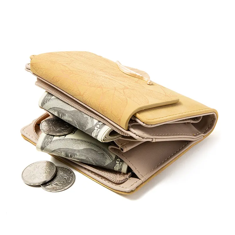 Purse women's short 2023 new niche design simple retro frosted leaf women's purse fashion coin purse zipper folding student wall