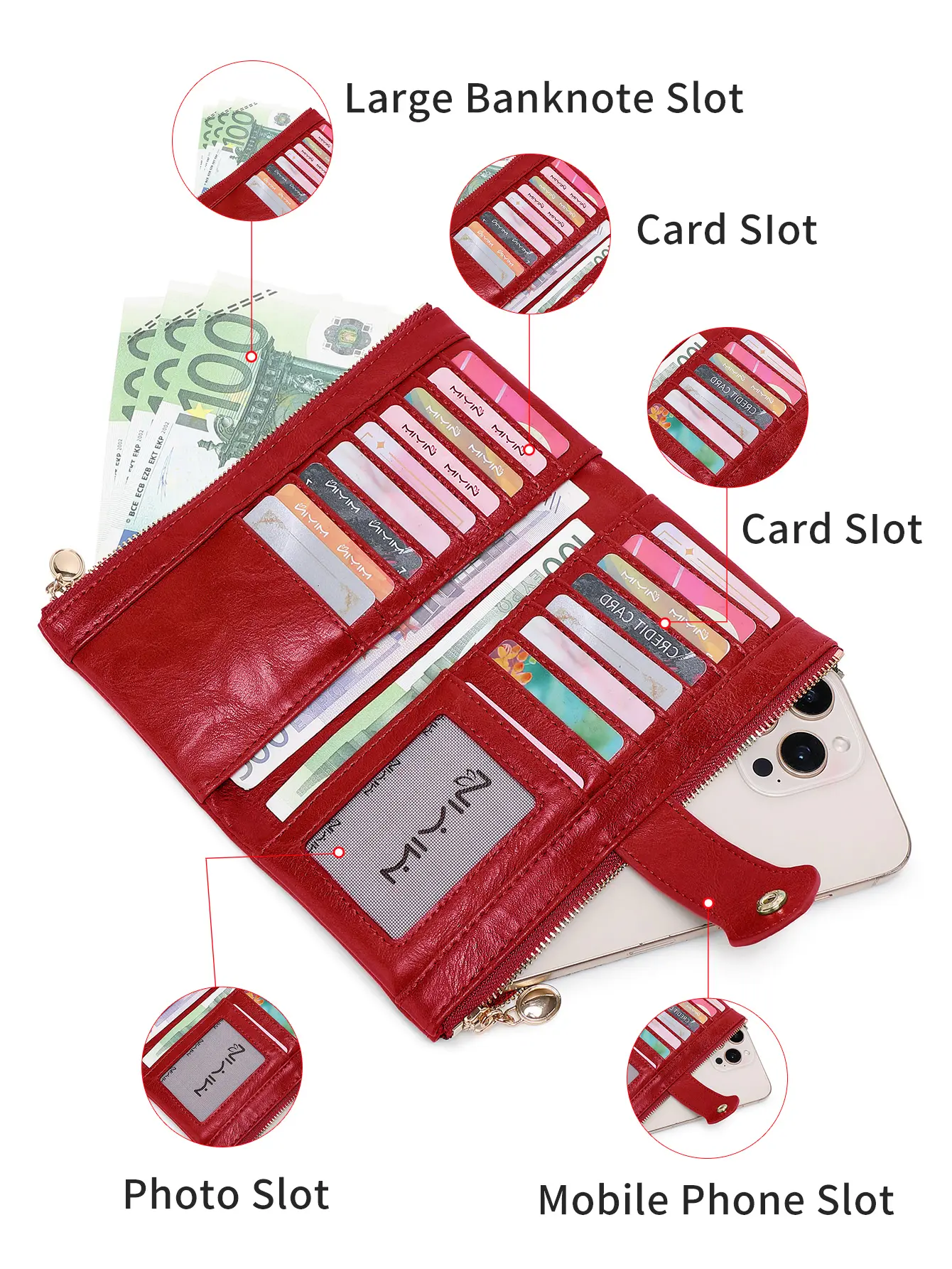 MIYIN Women's Ultra-thin Bifold Long Wallet Minimalist Double Zipper Large Capacity Credit Card Holder Coin Purse Buckle Clutch