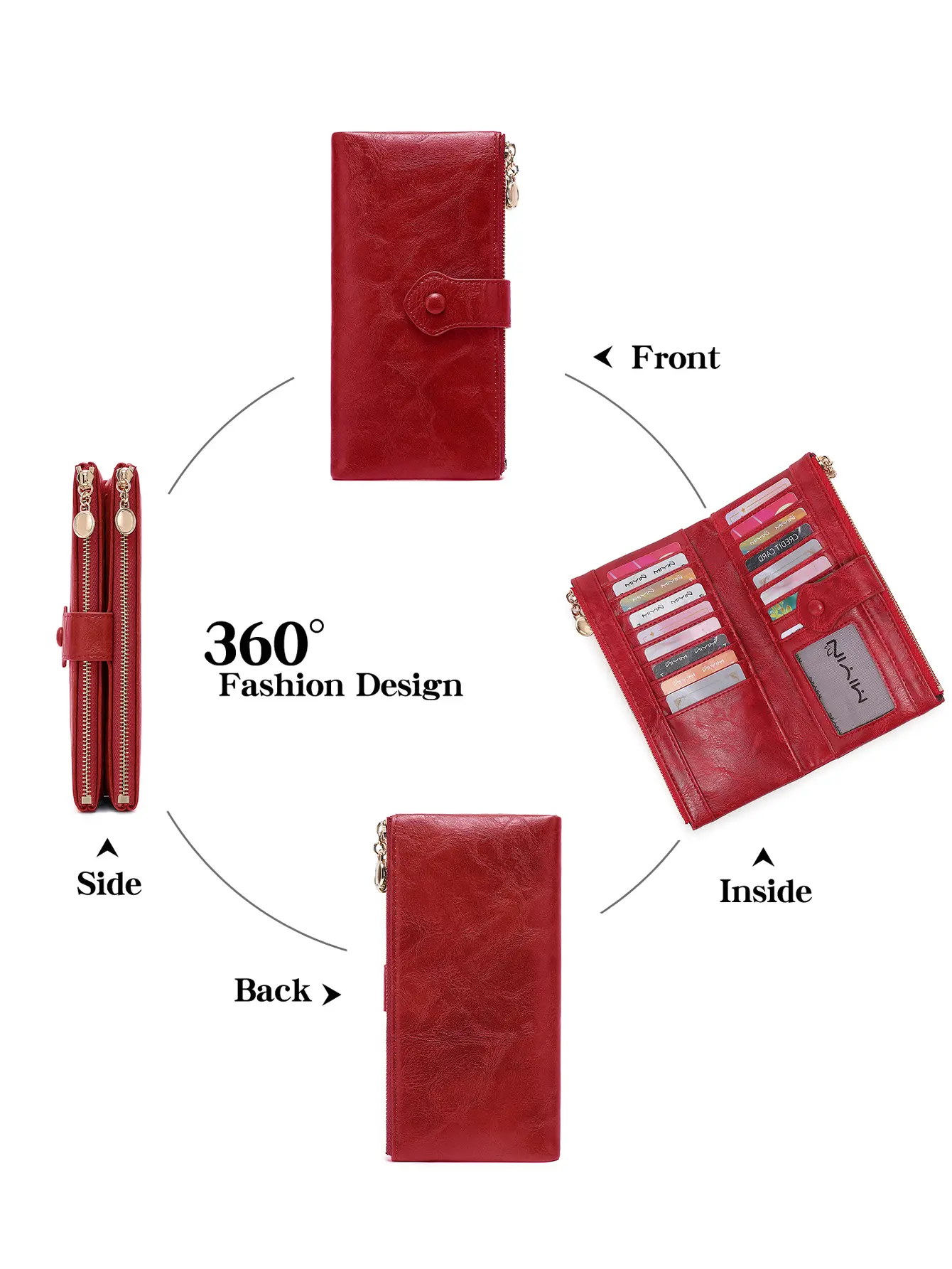 MIYIN Women's Ultra-thin Bifold Long Wallet Minimalist Double Zipper Large Capacity Credit Card Holder Coin Purse Buckle Clutch