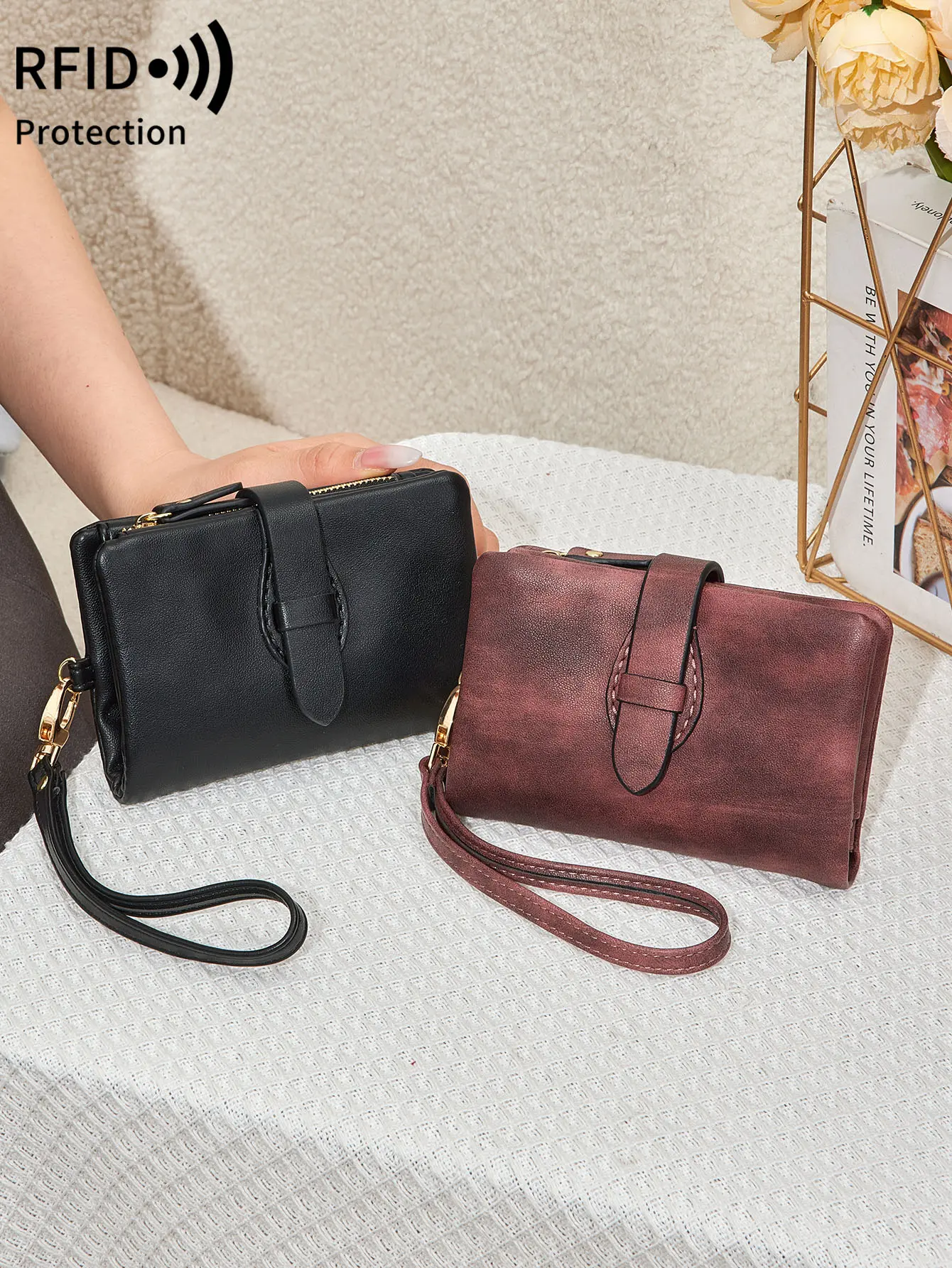 MIYIN Classic Women's Trifold Wallet SmallRFID Blocking Compact Credit Card Holder with ID Window and Wristband Short Coin Purse
