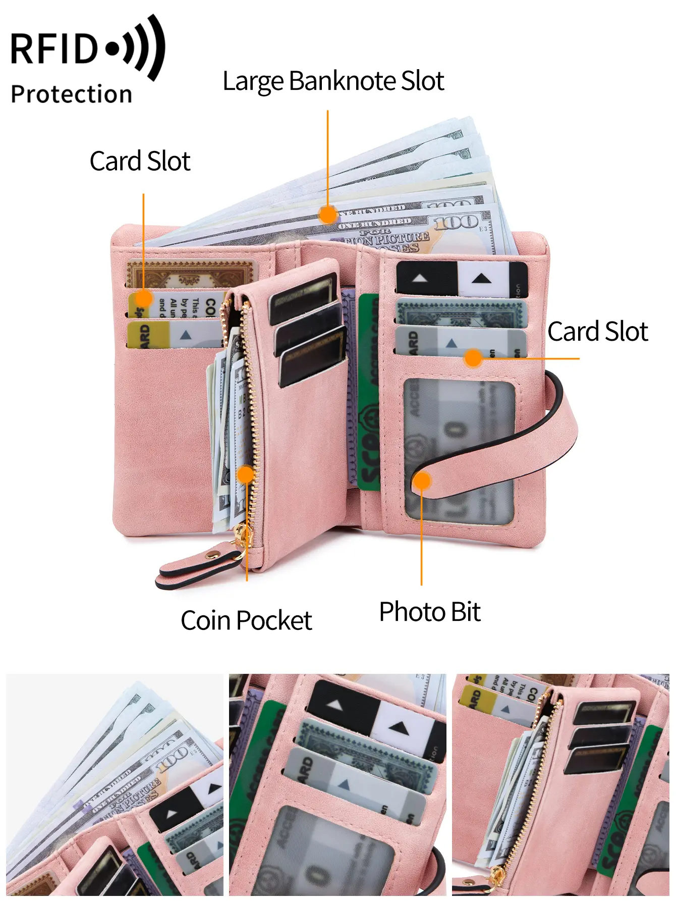 MIYIN Classic Women's Trifold Wallet SmallRFID Blocking Compact Credit Card Holder with ID Window and Wristband Short Coin Purse