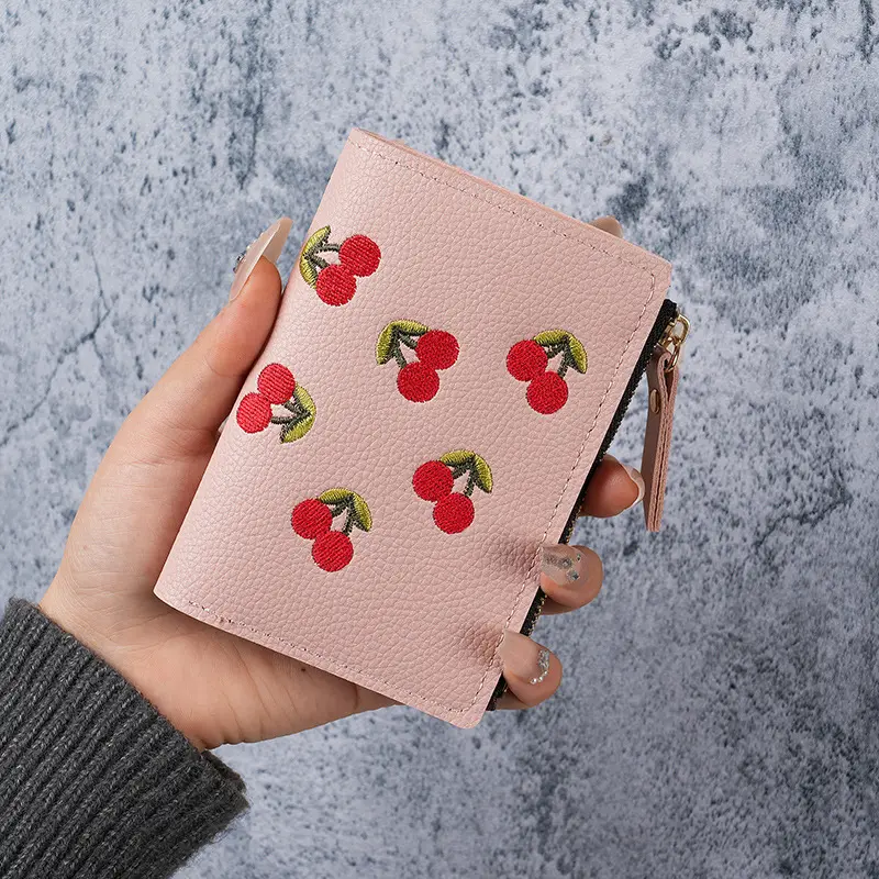 Women Vertical Buckle Cherry Embroidered Small Short Wallet Simple Wallet Girls Zipper Purse Women's Bag 2025 Card Bags
