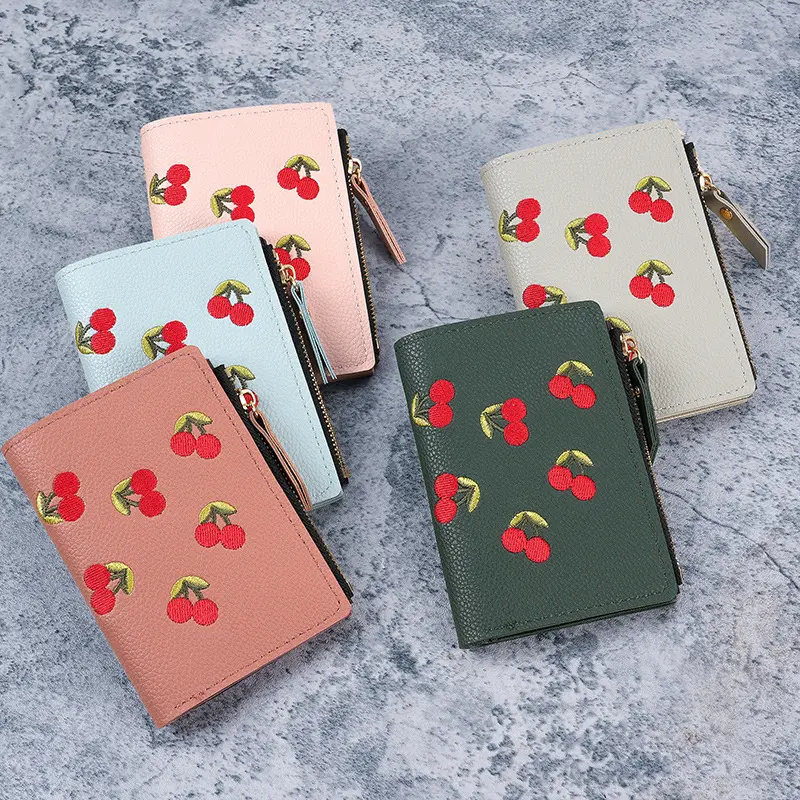 Women Vertical Buckle Cherry Embroidered Small Short Wallet Simple Wallet Girls Zipper Purse Women's Bag 2025 Card Bags