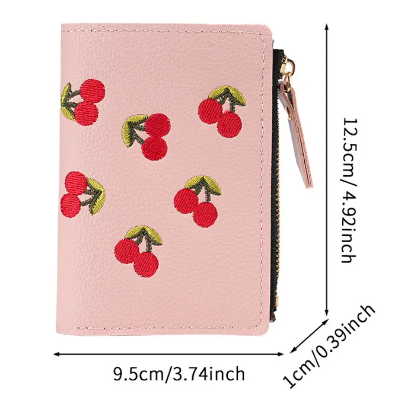 Women Vertical Buckle Cherry Embroidered Small Short Wallet Simple Wallet Girls Zipper Purse Women's Bag 2025 Card Bags