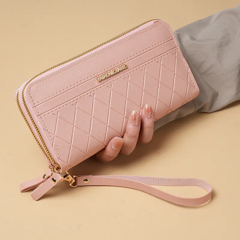 2024 new double zipper ladies' long wallet fashion rhombic large-capacity mobile phone bag multi-card wrist bag tide