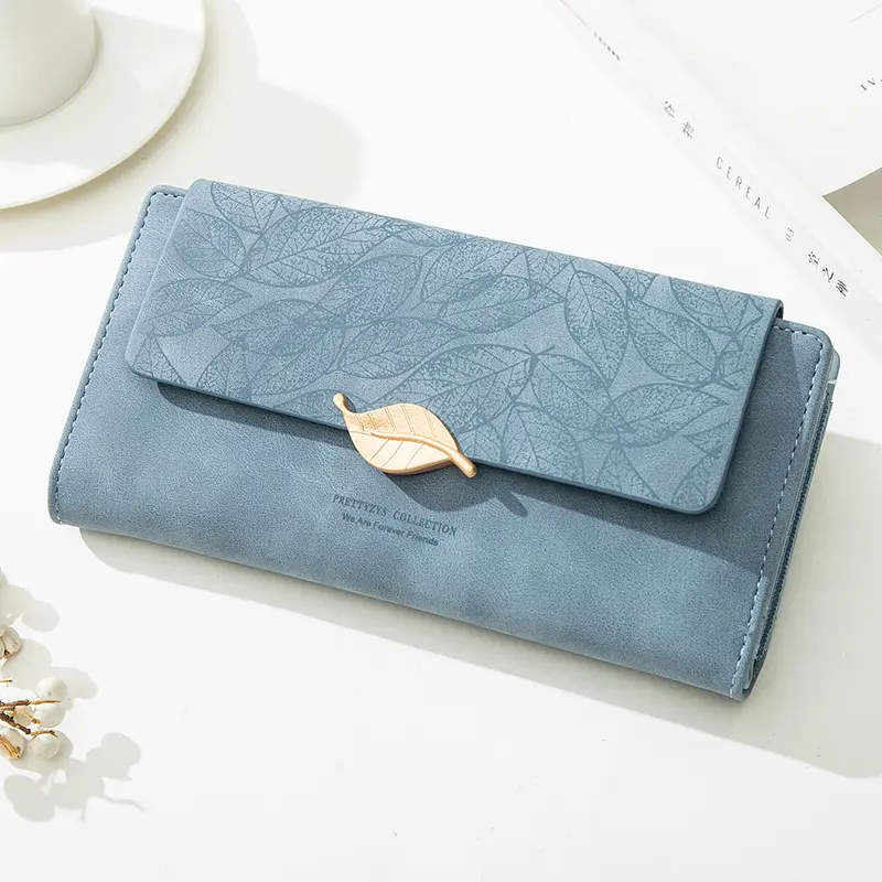 Purse female niche design retro simple long mobile phone bag frosted leaf women's purse 2023 new trend all-matching wallet women