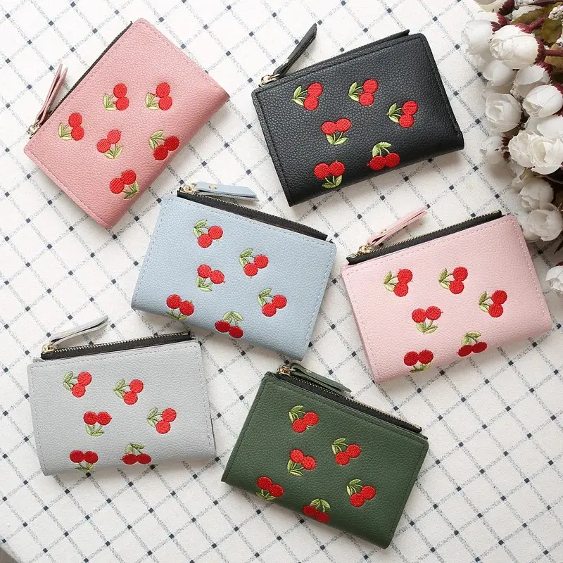 Women's Clutch Wallet with Cherry Floral Embroidery, Vertical Style Buckle Design Trendy Versatile Pu Material Waterproof Light